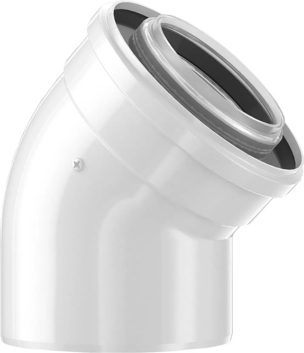 Weißer Kunstoffbogen mit 45-Grad-Winkel, geeignet für Abgasleitungen. Markenlogo von Bosch auf dem Produkt sichtbar.